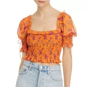 For Love And Lemons Peony Orange Floral Cropped Smocked Top Blouse Size XS